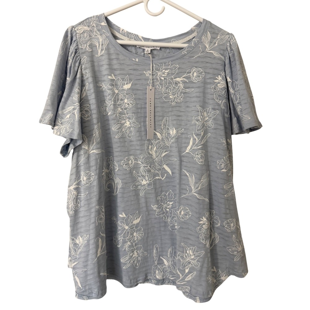 Jane + Delancey Women 2X Blue Floral Flutter Sleeve Cotton Slub Knit T-Shirt NWT